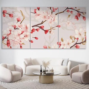 Arte de pared con flor de cerezo, impresión en lienzo de sakura japonesa, arte de pared floral romántico minimalista, decoración de pared botánica moderna, obra de arte rosa ruborizado