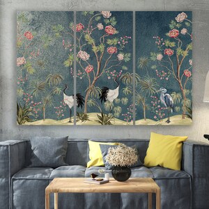 Chinoiserie Flowers and Stork Floral Canvas & Birds with Peony Tree Modern Print Wall Art Canvas Modern Design Decor home Wall Decor Room