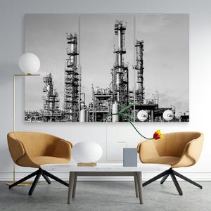Industrial Oil Refinery Canvas Wall Art – Modern Black and White Multi-Panel Print for Office or Living Room