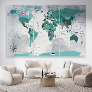Lienzo con banderas de países y mapas del mundo. Mapa del mundo verde. Arte de pared enmarcado. Impresión de mapa del mundo en lienzo para sala de estar, cocina, oficina.