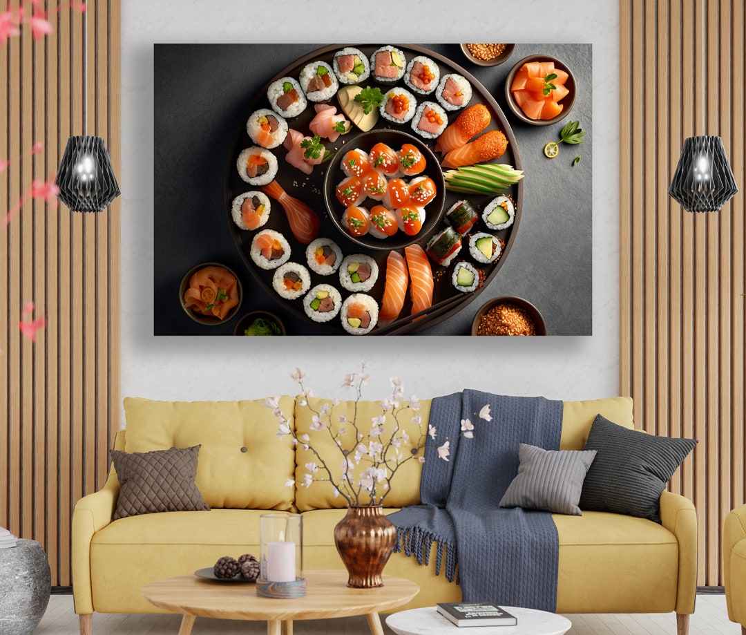 food photography canvas print: kitchen & restaurant... Sushi Rolls Canvas Print, Kitchen Food Decor, Restaurant Wall Art - Etsy