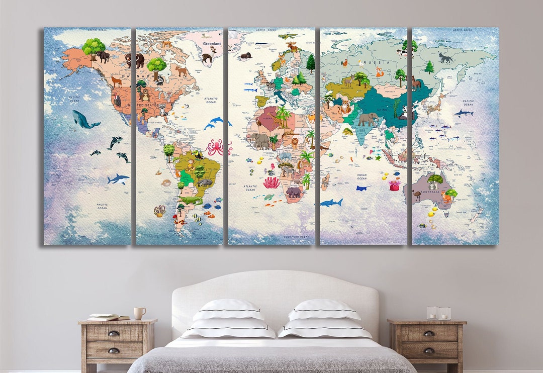 Animal World Map Canvas Print, Kids Nursery Decor - Etsy Australia