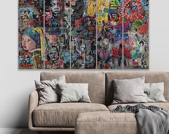 Cartoon Graffiti Street Art Canvas Print, Urban Collage Wall Decor