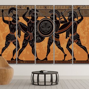 May include: A black and orange Greek vase style painting depicting five warriors in a battle scene. The warriors are wearing helmets and carrying shields and spears. The background is a textured orange colour.