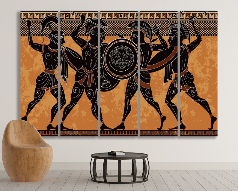 May include: A black and orange Greek vase style painting depicting five warriors in a battle scene. The warriors are wearing helmets and carrying shields and spears. The background is a textured orange colour.