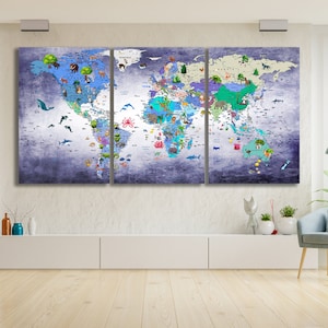 Wereldkaart dieren canvas kinderkamer wereldkaart en kinderatlas woondecoratie decoratie kinderkamer kunst atlas print continent muurkunst cartoon