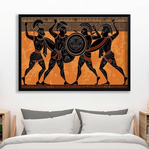 May include: Black and white illustration of four Greek warriors in a battle scene. The warriors are depicted in a black silhouette against an orange background. The image is framed in black.