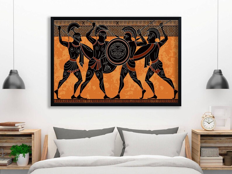 May include: Black and white illustration of four Greek warriors in a battle scene. The warriors are depicted in a black silhouette against an orange background. The image is framed in black.