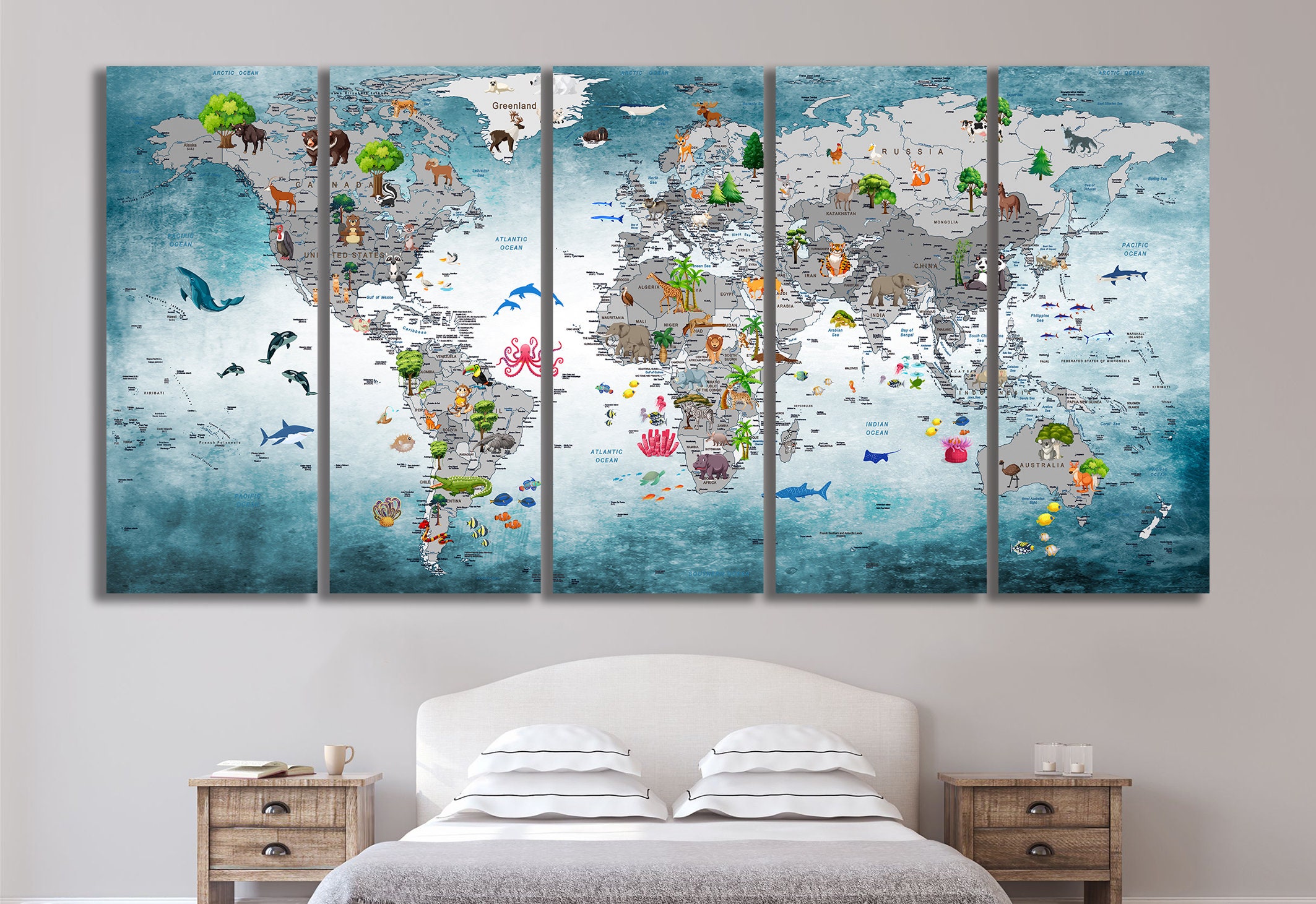 Animal World Map Canvas Print, Kids Nursery Wall Art - Etsy