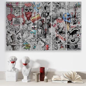 Lienzo de dibujos animados de grafiti, arte callejero, urbano y original, collage abstracto, arte pop, impresión, decoración de pared, lienzo, arte de pared moderno, decoración del hogar