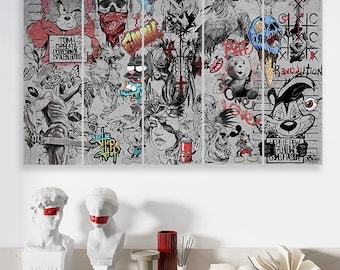Lienzo impreso con grafiti estilo caricatura: collage de arte urbano abstracto callejero.