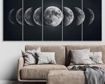 Moon Phases Canvas Art – Black and White Lunar Cycle Print