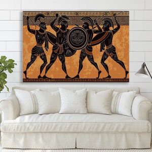 May include: A black and orange illustration of four Greek warriors in battle. The warriors are depicted in a black silhouette style with orange accents. The background is a textured orange colour with a black border.