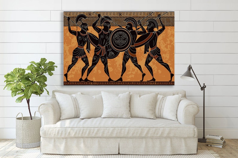 May include: A black and orange illustration of four Greek warriors in battle. The warriors are depicted in a black silhouette style with orange accents. The background is a textured orange colour with a black border.