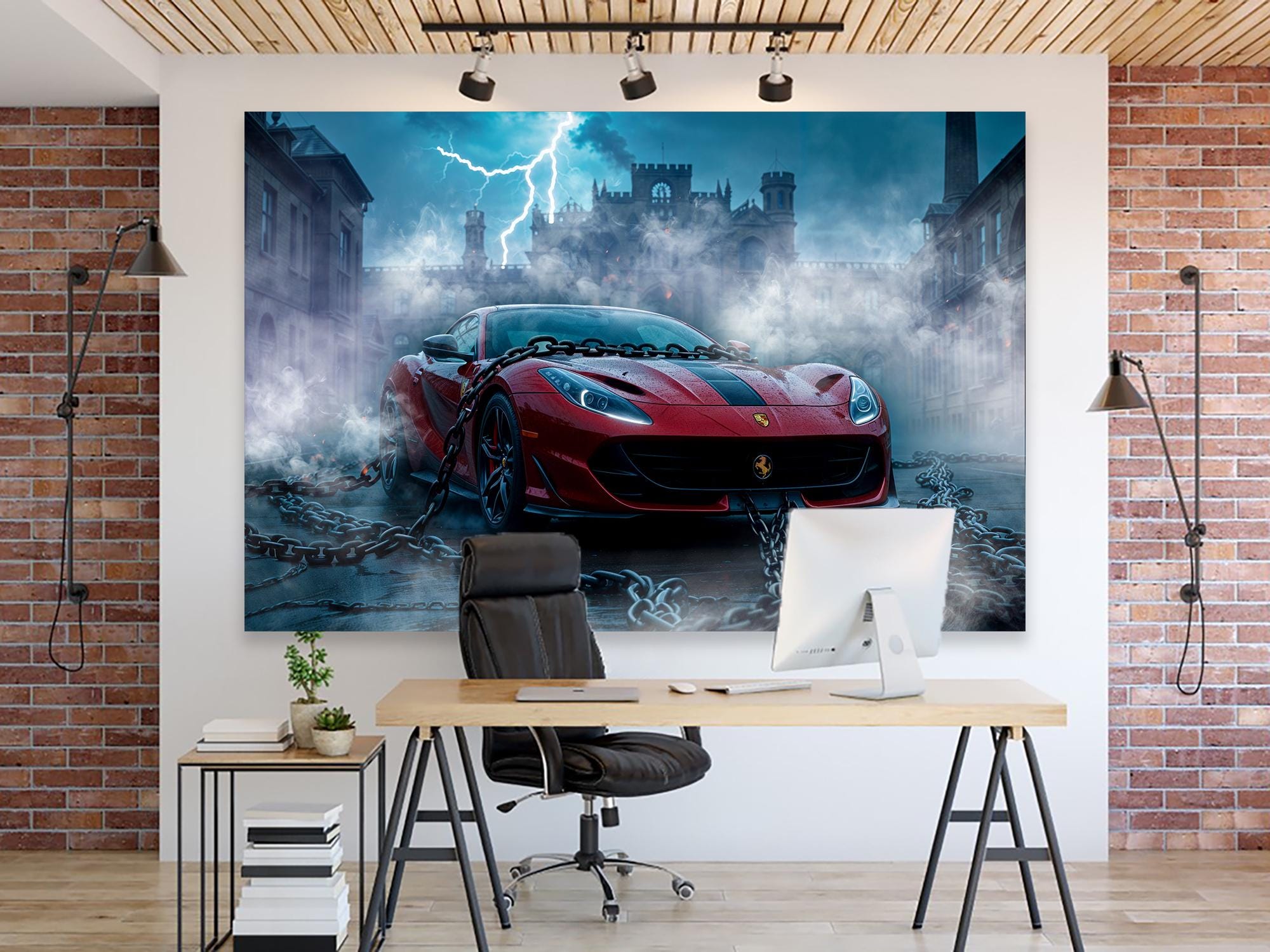 Red Sports Car Canvas Wall Art with Chains and Lightning Scene Gift for Boys and Car Fans Custom Car Art Supercar Print on Canvas