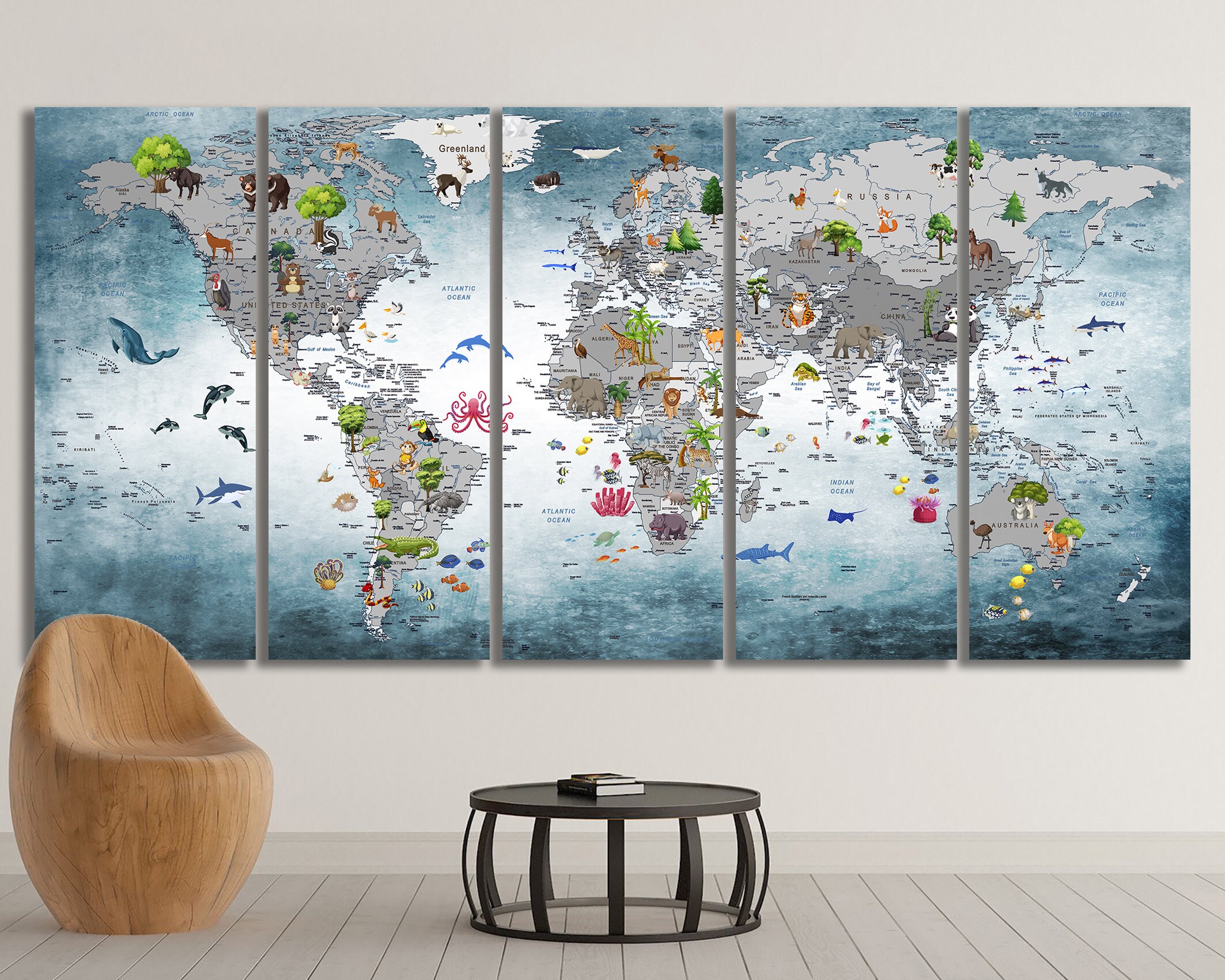 Animal World Map Canvas Print, Kids Nursery Wall Art - Etsy