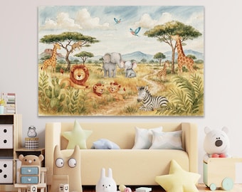 Safari Tiere Leinwanddruck, Tropischer Dschungel Kinderzimmer Wandkunst