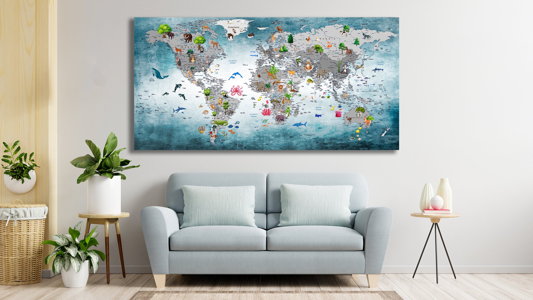 Animal World Map Canvas Print, Kids Nursery Wall Art - Etsy