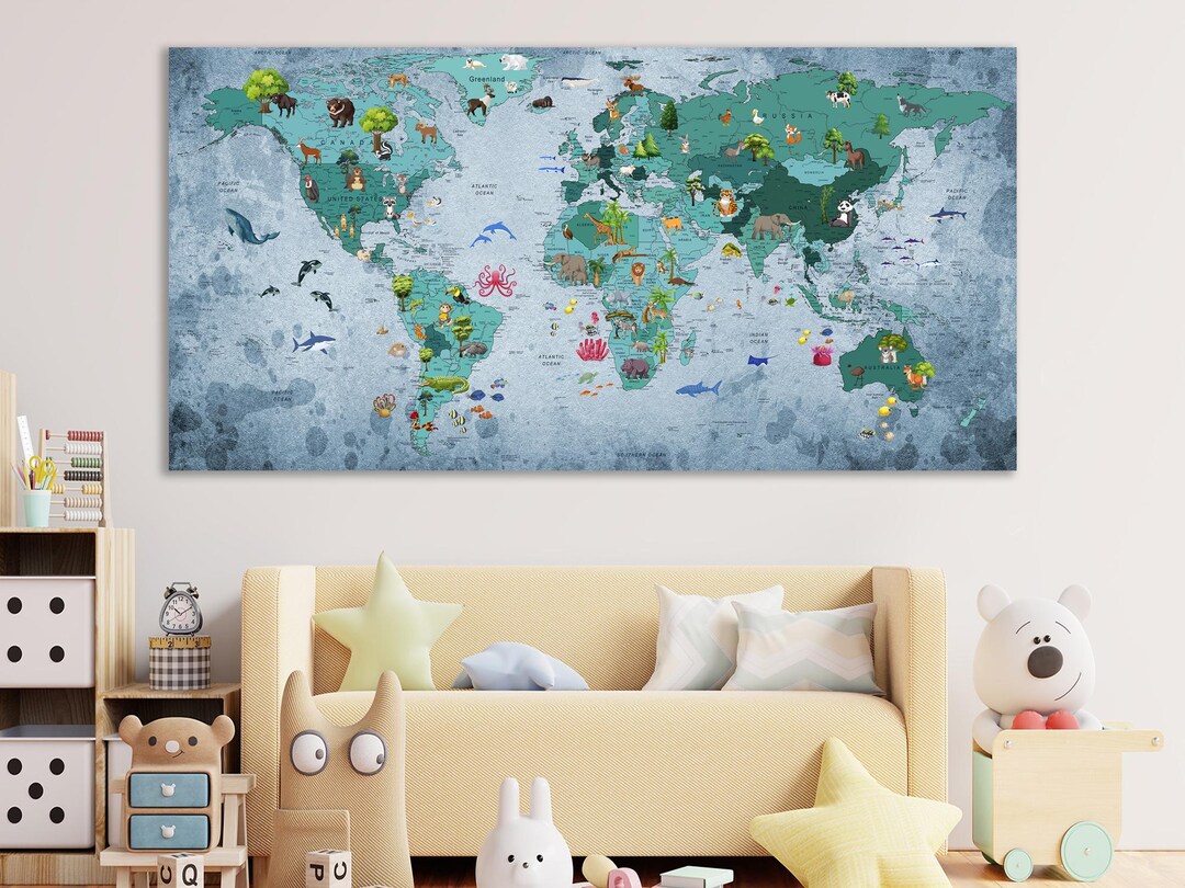 Animal World Map Canvas Print: Educational Kids Room Decor - Etsy