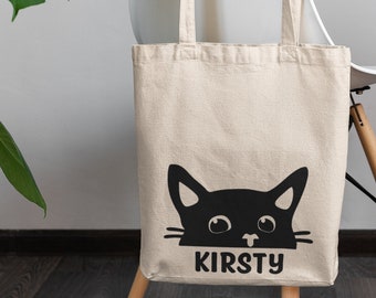 Peeping Cat Tote Bag / Personalised Cat Gift, Personalised Gift, Custom Gift, Custom Name