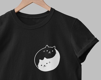 Yin Yang Cat Pocket T-Shirt / Kawaii Tshirt, Small Pocket Design Shirt, Cute Cat tee, Yin Yang Symbol Cats, Unisex Aesthetic Tshirt