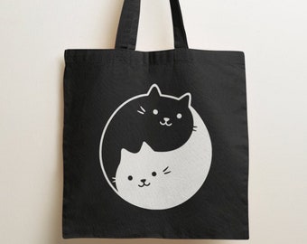Yin Yang Cat Tote Bag /  Reusable Bag, Shopping Bag, Cat Tote Bag Design, Cat Lover Gifts
