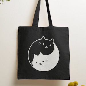 Yin Yang Cat Tote Bag /  Reusable Bag, Shopping Bag, Cat Tote Bag Design, Cat Lover Gifts