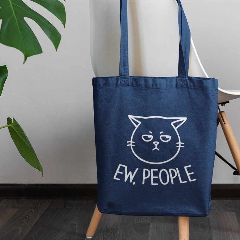 Grumpy Ew People Cat Tote Bag / Grumpy Cat Tote Bag, Funny Cat Shopping Bag Design Navy Blue