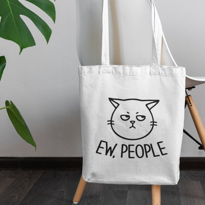 Grumpy Ew People Cat Tote Bag / Grumpy Cat Tote Bag, Funny Cat Shopping Bag Design White