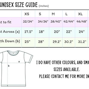 Op de afbeelding: Unisex maattabel voor een T-shirt met maten in inches voor borstbreedte, borstbreedte en lengte. De maten zijn aangegeven voor de maten XS, S, M, L, XL en 2XL.