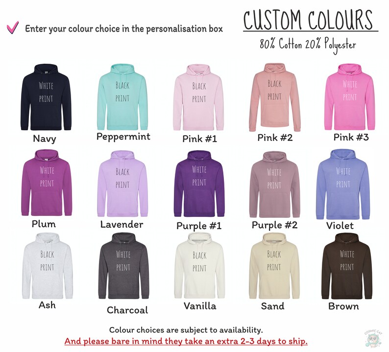 Pu&ograve; includere: Un grafico che mostra 12 diversi colori di felpa con il testo "CUSTOM COLORS" e "80% Cotton 20% Polyester" in alto. I colori sono: Navy, Menta, Rosa #1, Rosa #2, Rosa #3, Prugna, Lavanda, Viola #1, Viola #2, Violetto, Cenere, Antracite, Vaniglia, Sabbia e Marrone.