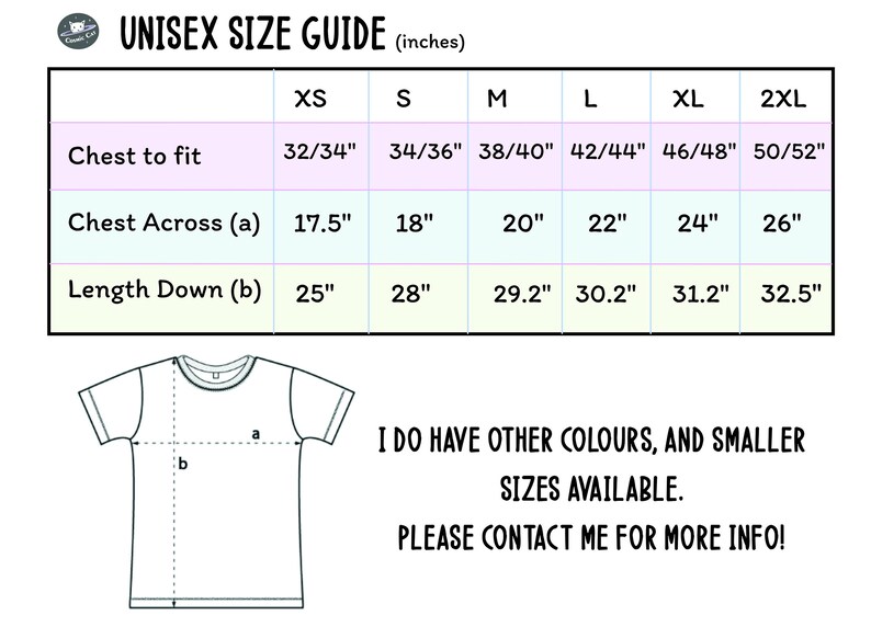K&ouml;nnte beinhalten: Unisex-Gr&ouml;&szlig;entabelle f&uuml;r ein T-Shirt mit Ma&szlig;en in Zoll f&uuml;r Brustumfang, Brustweite und L&auml;nge. Die Ma&szlig;e sind f&uuml;r die Gr&ouml;&szlig;en XS, S, M, L, XL und 2XL angegeben.