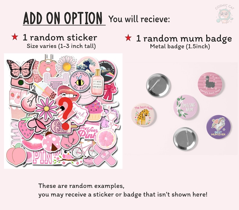May include: Pink and white stickers with various designs, including a butterfly, a donut, a flower, a question mark, a pink flamingo, a pink bicycle, and a pink grapefruit. There are also five metal badges with different designs, including a llama, a cheetah, a unicorn, and two badges that say "Amazing Mum".