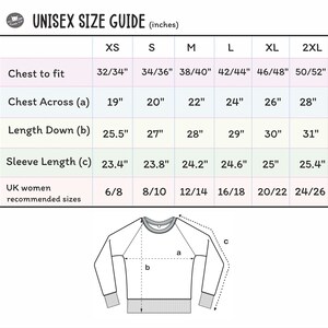 May include: Unisex size guide chart for a sweatshirt with measurements in inches for chest to fit, chest across, length down, and sleeve length. The chart also includes UK women's recommended sizes.