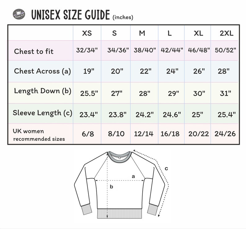 May include: Unisex size guide chart for a sweatshirt with measurements in inches for chest to fit, chest across, length down, and sleeve length. The chart also includes UK women's recommended sizes.