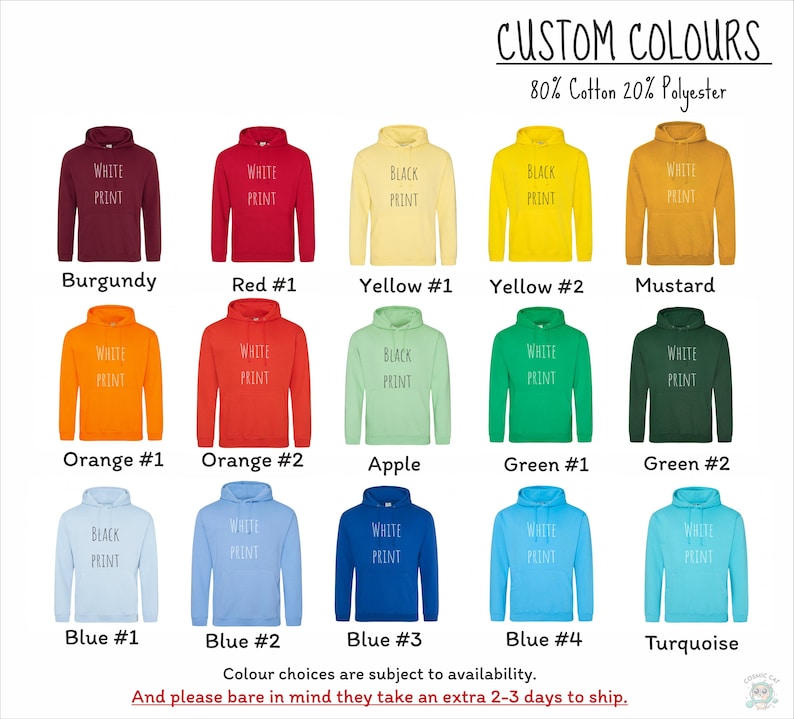 Op de afbeelding: Een tabel met 15 verschillende kleuren hoodies met witte tekst die "White Print" op elke hoodie staat. De kleuren zijn: Bordeauxrood, Rood #1, Geel #1, Geel #2, Mosterd, Oranje #1, Oranje #2, Appelgroen, Groen #1, Groen #2, Blauw #1, Blauw #2, Blauw #3, Blauw #4 en Turquoise.
