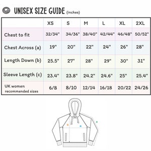 Op de afbeelding: Unisex maattabel voor een hoodie met maten in inches voor borstwijdte, borstomvang, lengte en mouwlengte. De tabel bevat ook de aanbevolen maten voor vrouwen in het Verenigd Koninkrijk.