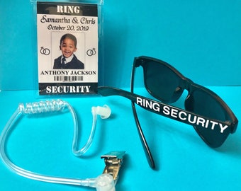 RING Security - 3 Pc. Set - Badge, Sunglasses & Earpiece - ID Tag, For Wedding, Ring Bearer, Special Agent, Secret agent, Personalized