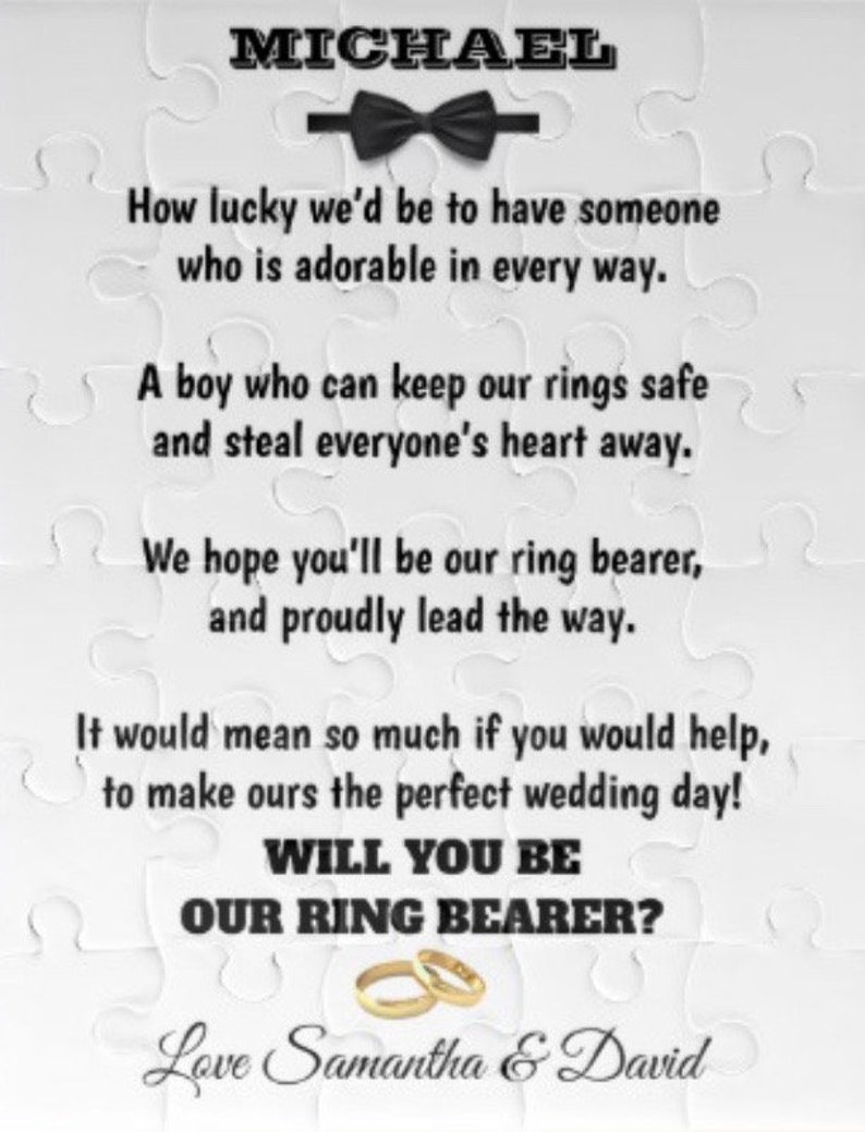 Wedding Will you be our Ring Bearer Gift Ring Security Page Boy Personalized with Names RING BEARER Puzzle Jigsaw Puzzle White