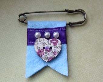 Blue and Purple Kilt pin, heart brooch, unusual, quirky, felt brooch, elegant
