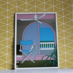 Vintage 80s Pop Art Mirror, Pink Balcony, Blue Chair, Wood Frame