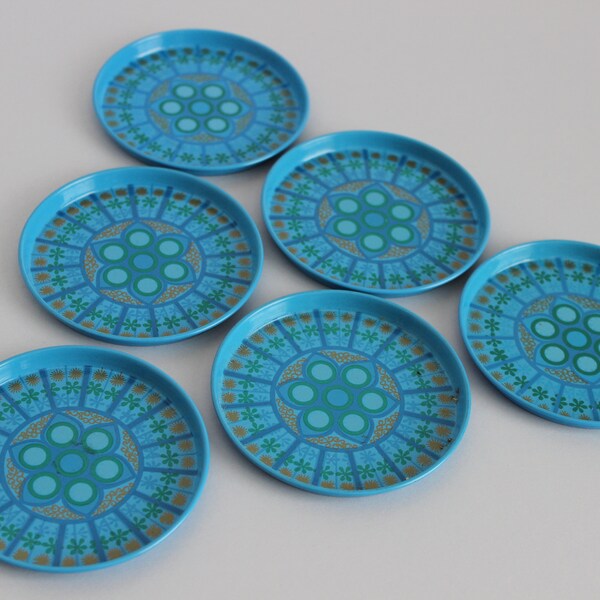 Set of 6 vintage 60s 70s retro blue, green & gold geometric tin/metal drinks coasters