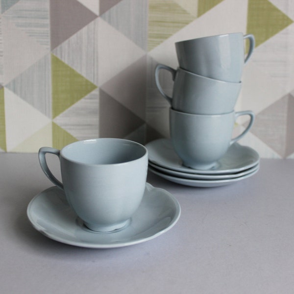 set of 4 vintage 1950s Johnson Brothers 'greydawn' pale blue utility small espresso coffee cups & saucers duos. Made in England.