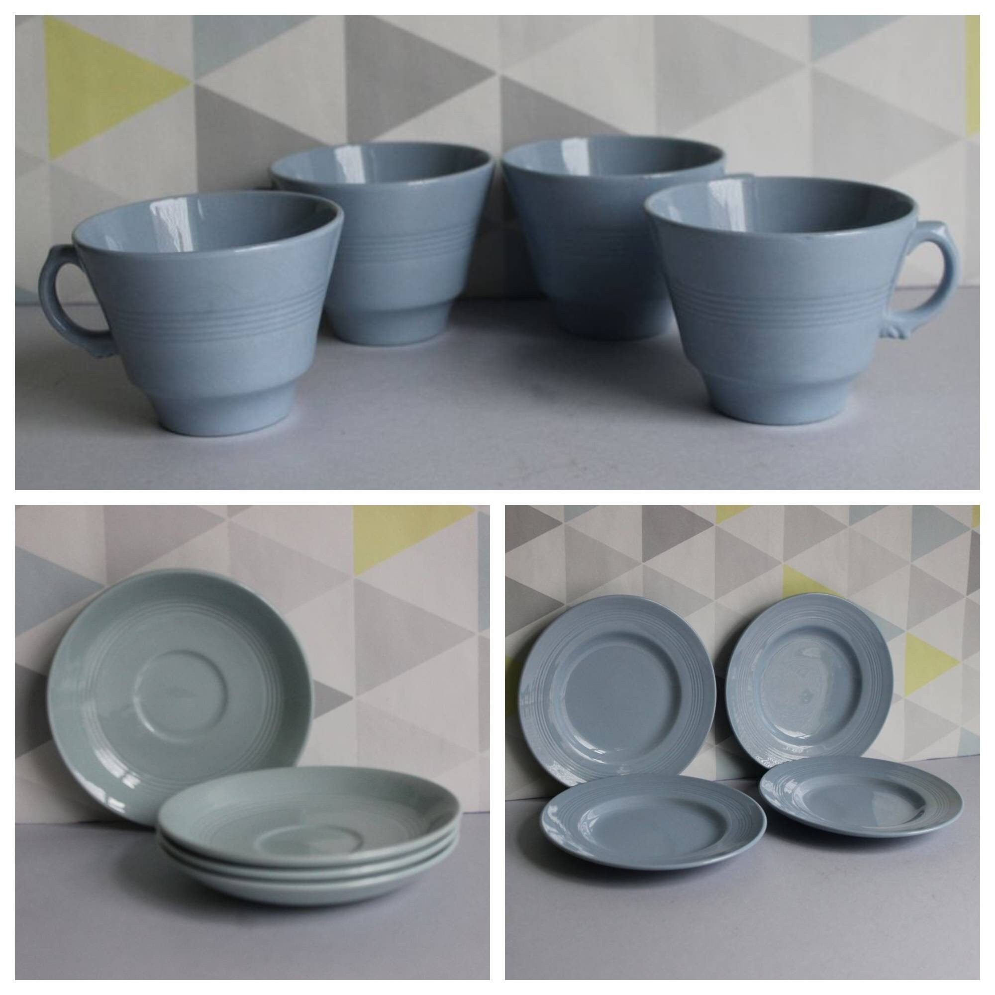 食器 WOODSWARE  Iris  England Vintage 1940s Woods Ware 'iris' Utility Tea Cups, Saucers, Side