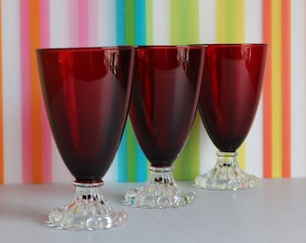 Vintage Ruby Red Boopie Wine Glasses, Mid-Century Barware, Set of 3