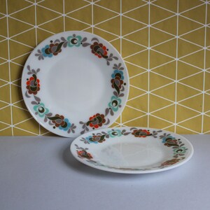 May include: Two white ceramic plates with a floral design in shades of brown, blue, green, and orange. The plates have a white background and a floral border.