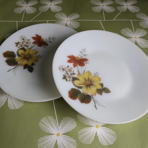 May include: Two white ceramic plates with a floral design. Each plate features a bouquet of yellow, orange, and white flowers with green leaves. The plates are set against a green floral background.
