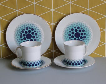Vintage 70s Hostess Tableware Trio: Blue Mink Op Art Coffee Cup Set