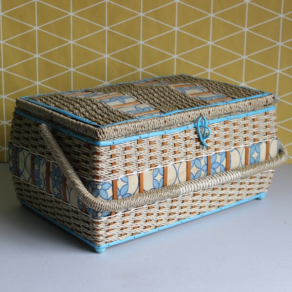 vintage Mid Century blue/white small woven sewing box basket with retro floral pattern covered lid & lining