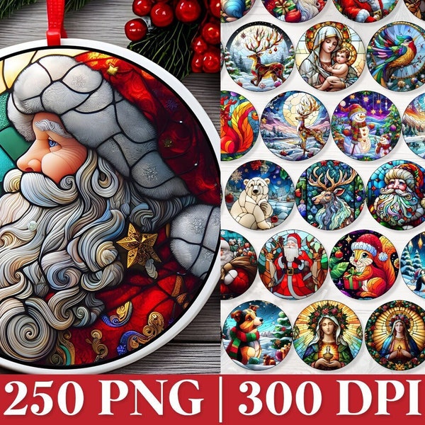 250 Round Stained Glass Christmas Ornaments PNG, Winter Scene Sublimation, Stained Santa Ornament PNG, Faux Stained Glass, Baby Jesus Png